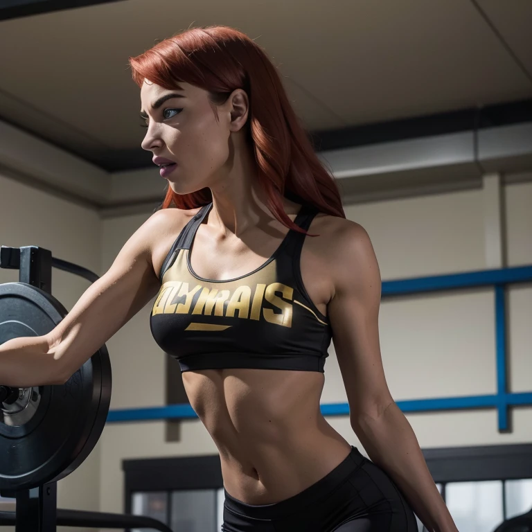 She's a young, slender woman with short, vibrant red hair and bright blue eyes, dressed in fitted gym attire. Confident and determined, she exudes assurance with a strong posture and a self-assured expression. Her domain is the gym, where her infectious energy shines, whether as an athlete or a dedicated instructor.red wet wavy long hair, fit body , huge breasts, gym sportswear black and gold