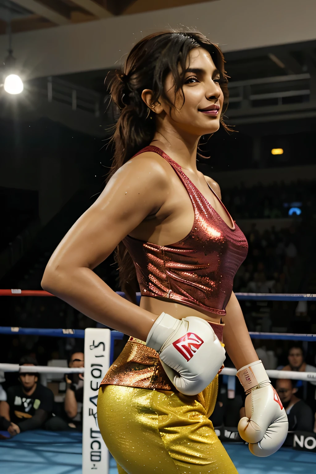 Looks like Priyanka Chopra,side view,31 year old woman,hugging,warm embrace,tight hug,side profile,not too skinny, studio quality ,arms on knees,side view,smiling,viewed from side,sensual expression,slightly leaned forwards,body tilted slightly forwards,smile,sweating ,sleeveless,exhausted,tired,boxing gloves,green blouse,yellow green outfit,wearing boxing gloves on both hands