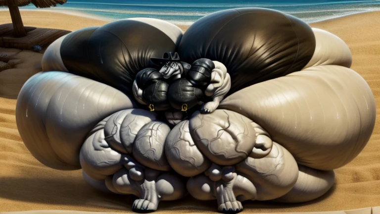 4k, high resolution, best quality, perfect lightning, perfect, solo, anthro, young, boy,black wolf:2.0, furry body, (fluffy mane:1.2), fluffy tail, male, adult, (bulky2:0, thick muscles2:0, huge muscles:2.0, hyper muscles:2.0), (thick biceps, veiny biceps, broad shoulders:2.0), (thick legs, thick calves:1.1), (digitigrade legs, 4 toes:1.2), perfect colors, (photorealistic fur, detailed fur, epic, masterpiece), (suggestive posing:1.2), (seductive smile, lustful grin 1.3), detailed beach,detailed wolf eyes:2.0, by k0suna, by darkgem,nipple ring,hyper arms:2.0,veins,white body,white fur,hyper butt:2.0,hyper paws:2.0,standing,thick legs,thick butts:2.0,sweat body:2.0,massive butt:2.0,black hat,hyper ass:2.0,huge ass,long legs,juicy butt:2.0
