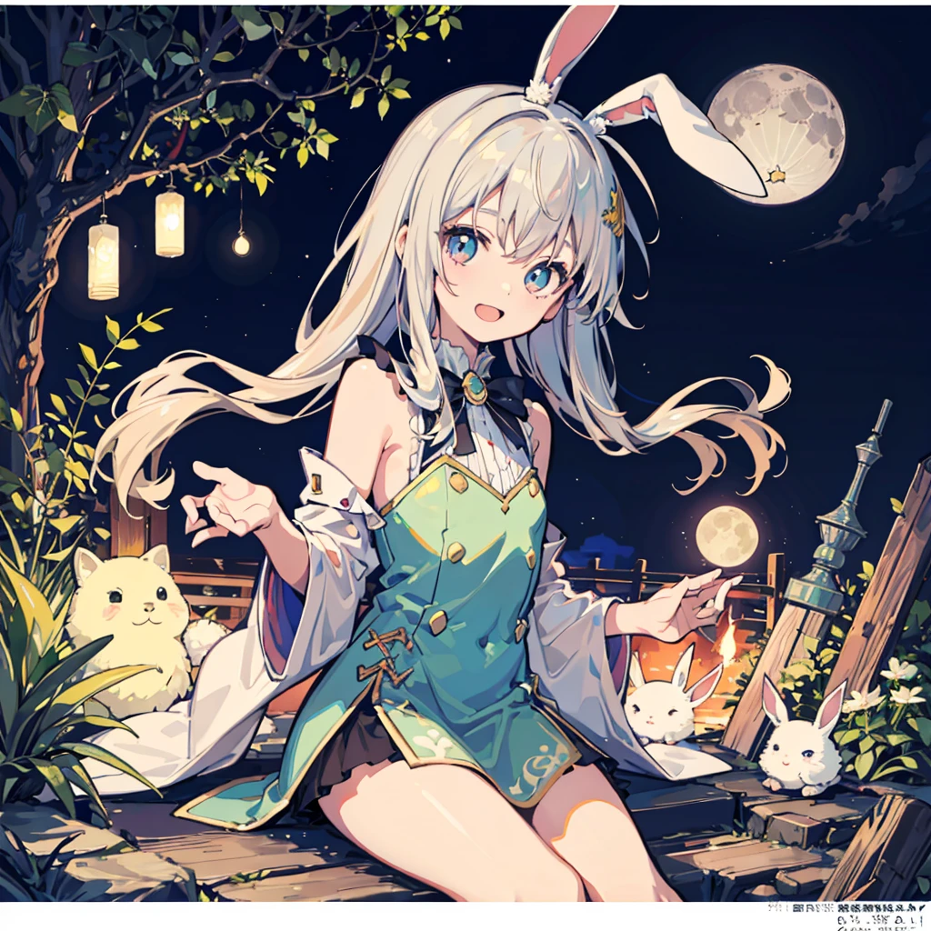 Beautiful lines、highest quality、Masterpiece、Official Art、16K、Super detailed、super beautiful、The best composition、Miniature garden rabbit ears girl moon background、 Little、★🌙🐇、❤
