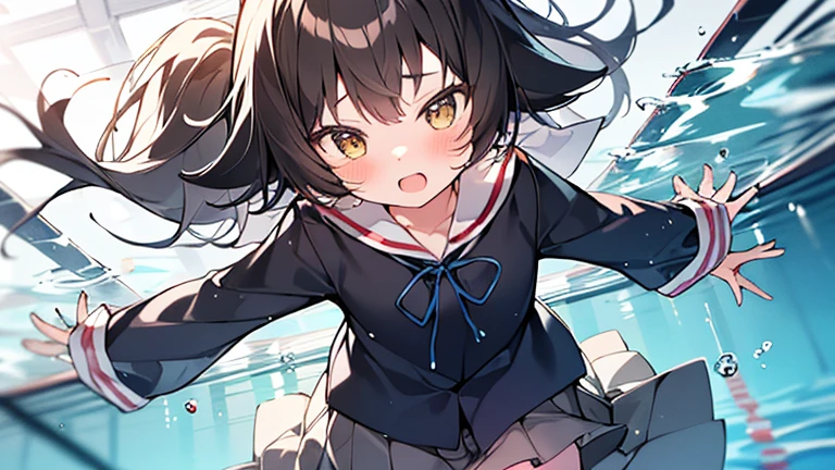 1 girl、mashiromitsumine, mashiro mitsumine, (Brown eyes:1.5), Brown Hair, ponytail, (Flat Chest:1.2), break grey skirt, Long sleeve, neck ribbon, (red ribbon), ribbon, Sailor collar, skirt, white Sailor collar, (Blue Shirt:1.5), break looking at viewer, (whole body), break indoors, School swimming pool, (Lots of water)、Wet、Wet服、(((skirtを引っ張る)))、skirtが水面に広がります、(Underwater photography)、(whole bodyが水に浸かる)、((((Transparent pool))))、swim、break (masterpiece:1.2), highest quality, High resolution, unity 8k wallpaper, (shape:0.8), Highly detailed face, Perfect lighting, Highly detailed CG、(Panty flashing)、(skirt全開)、(ロングワイドskirt)、cute、blush、Watery eye