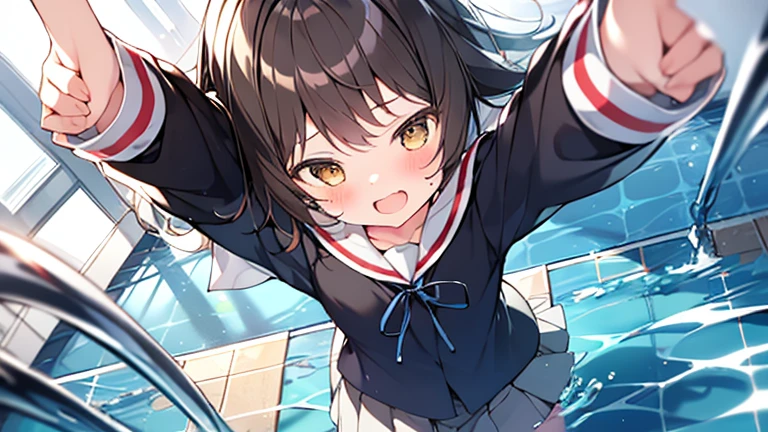 1 girl、mashiromitsumine, mashiro mitsumine, (Brown eyes:1.5), Brown Hair, ponytail, (Flat Chest:1.2), break grey skirt, Long sleeve, neck ribbon, (red ribbon), ribbon, Sailor collar, skirt, white Sailor collar, (Blue Shirt:1.5), break looking at viewer, (whole body), break indoors, School swimming pool, (Lots of water)、Wet、Wet服、(((skirtを引っ張る)))、skirtが水面に広がります、(Underwater photography)、(whole bodyが水に浸かる)、((((Transparent pool))))、swim、break (masterpiece:1.2), highest quality, High resolution, unity 8k wallpaper, (shape:0.8), Highly detailed face, Perfect lighting, Highly detailed CG、(Panty flashing)、(skirt全開)、(ロングワイドskirt)、cute、blush、Watery eye