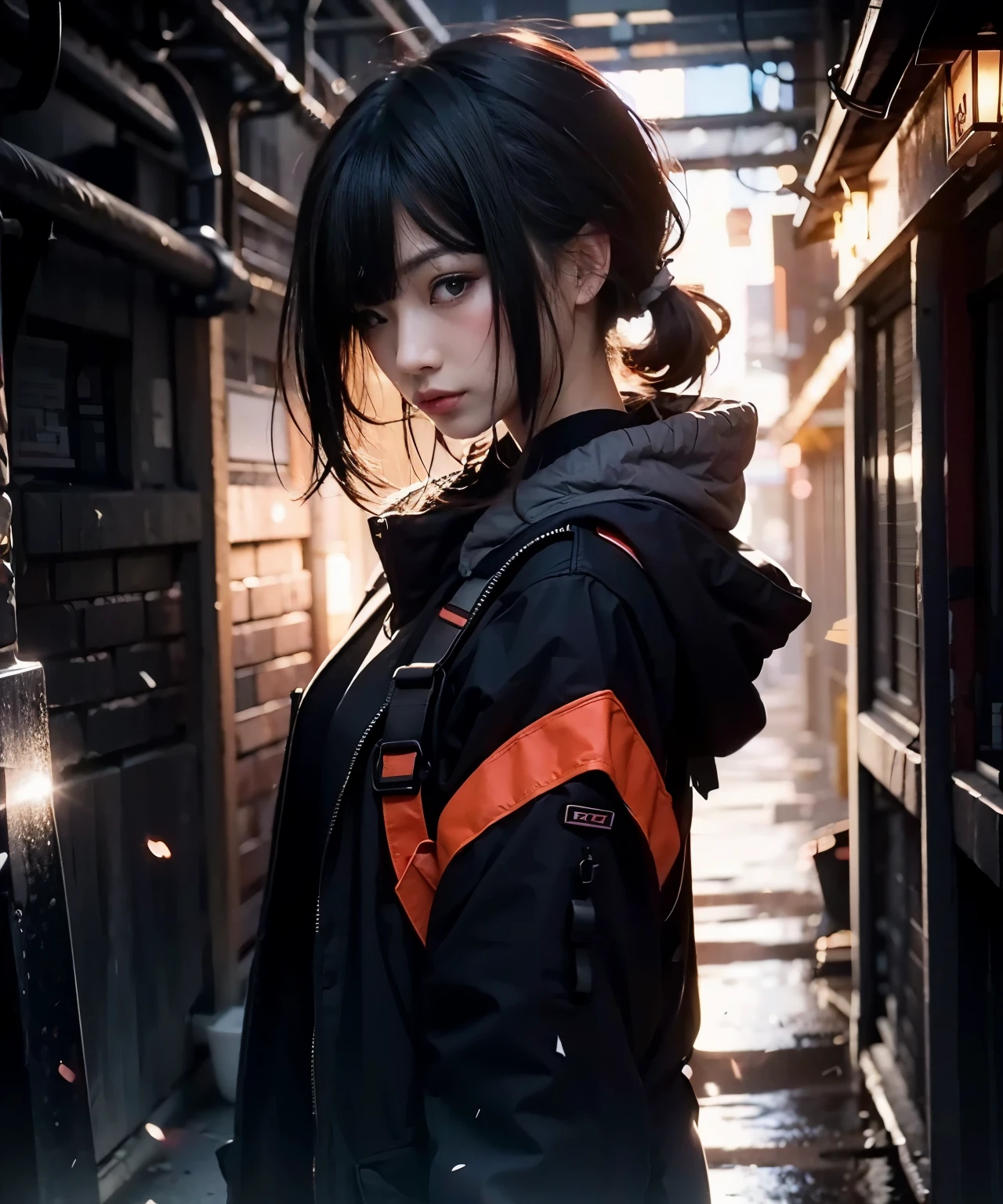 (Ultra-Realistic Rendering:1.37), Japanese women、 Beautiful Face、 Red Eyes, Harajuku-style hip hop fashion, Cinematic lighting, Harajuku as background, 