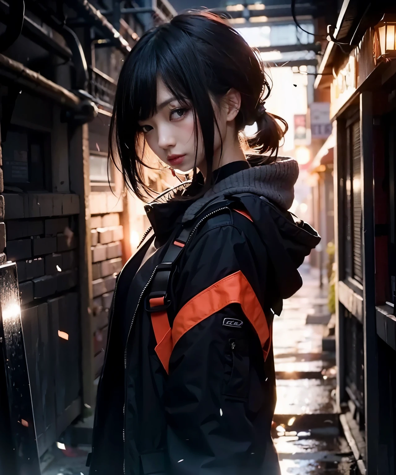 (Ultra-Realistic Rendering:1.37), Japanese women、 Beautiful Face、 Red Eyes, Harajuku-style hip hop fashion, Cinematic lighting, Harajuku as background,