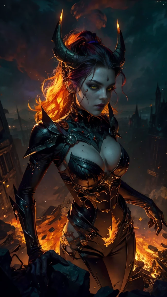 High view, high angle of camera, A beautiful and sexy queen of hell, anime style. walking through a dark, rotten and burnt Hades, showcasing the fiery green hair and thin black horns with incandescent cracks, black tears, golden ornament. Every space and build in the landscape is meticulously rendered, from the most desolate and terrifying hell, creating a visually stunning and immersive world. The overall effect is a terrifying mix of fantasy, glitter and nostalgia, hellpunk and horror anime. 2.5D style anime, close-up, fine quality yellow eyes, fiery yellow eyes without sclera, ultra detailed, Beautiful and aesthetically pleasing, masterpiece, Best quality score, Extremely detailed , dynamic angle, raytraced, middle body, close up, high view, particles and hard lights, angulo picado. green, red, purple and black