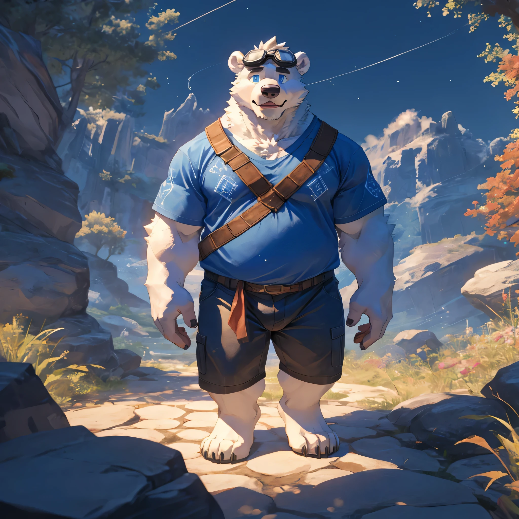 masterpiece, best quality, 8k resolution, Very detailed, hairy，Solitary，Polar Bear，Lovely，White fur，Chubby，male，Pleasantly surprised，，Detailed facial depiction，Highest quality scene，whole body，male。，juvenile，Dynamic，Standing，Blue Eyes，summer，Towering giant tree，Magic Runes，18 years old，Huge Stone，Rune-carved stone，Mysterious place，Short sleeve shorts，Goggles