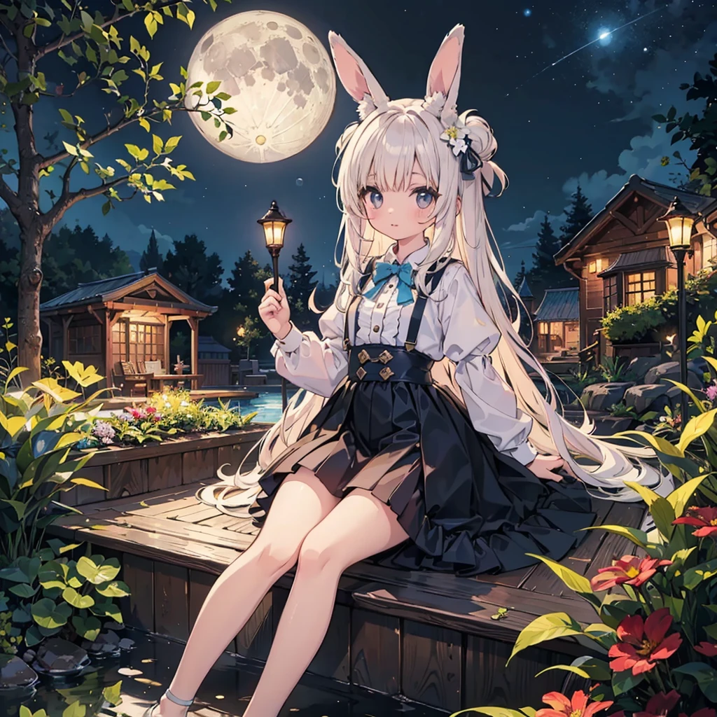 highest quality、Masterpiece、Official Art、16K、Super detailed、super beautiful、The best composition、Miniature garden rabbit ears girl moon background、　Little、★🌙🐇、❤