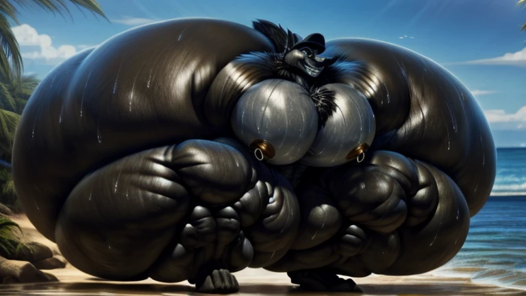 4k, high resolution, best quality, perfect lightning, perfect, solo, anthro, young, boy,black wolf:2.0, furry body, (fluffy mane:1.2), fluffy tail, male, adult, (bulky2:0, thick muscles2:0, huge muscles:2.0, hyper muscles:2.0), (thick biceps, veiny biceps, broad shoulders:2.0), (thick legs, thick calves:1.1), (digitigrade legs, 4 toes:1.2), perfect colors, (photorealistic fur, detailed fur, epic, masterpiece), (suggestive posing:1.2), (seductive smile, lustful grin 1.3), detailed beach,detailed wolf eyes:2.0, by k0suna, by darkgem,nipple ring,hyper arms:2.0,veins,black body,black fur,hyper butt:2.0,hyper paws:2.0,standing,thick legs,thick butts:2.0,sweat body:2.0,massive butt:2.0,black hat,hyper ass:2.0,huge ass,long legs,juicy butt:2.0