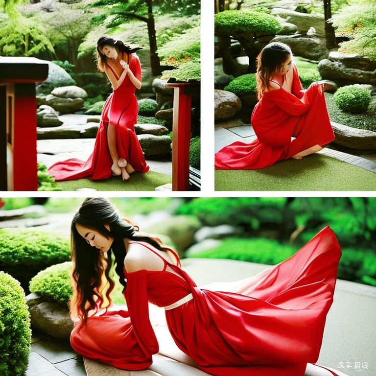 A bright red Chinese dress with a long slit、A young Japanese woman tying up her long, lustrous hair、She has a refined and calm look.。Her hair is elegantly tied、A traditional Japanese garden spreads out in the background..。This scene is in photorealistic style.、Expressing color detail and vibrancy。