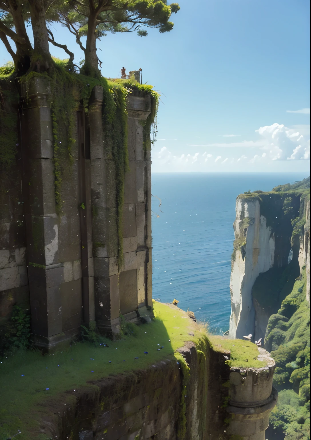 (masterpiece、highest quality:1.2)、8k、You can see the ocean、Ancient ruins built on the edge of a cliff、Ruins of an unknown civilization floating in the sky、Crumbling ruins of unknown age、Giant Vine、It is covered with moss and ivy.