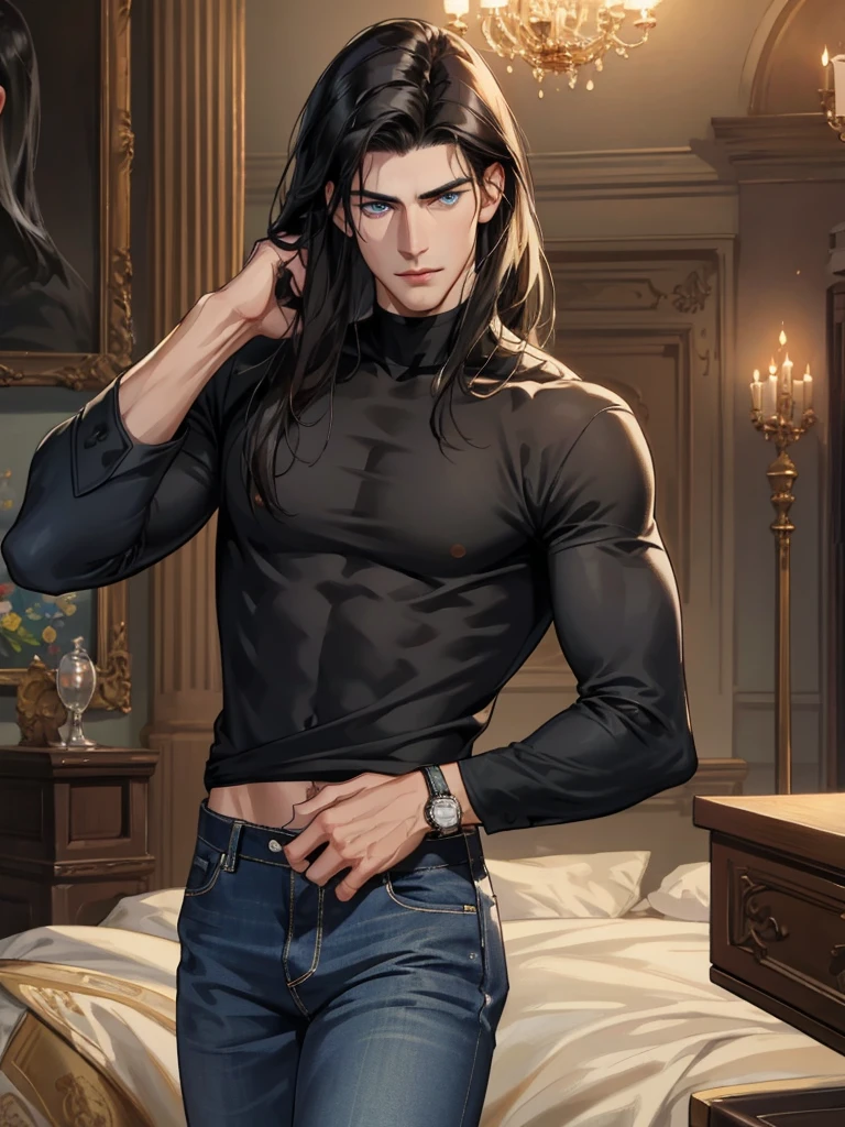 A tall, handsome, masculine young man with a strong build, black-haired brunette, long straight black hair, blue eyes. Low-rise jeans. The podium. Masterpiece, detailed study of the face, beautiful face, beautiful facial features, perfect image, realistic shots, detailed study of faces, full-length image, 8k, detailed image. an extremely detailed illustration, a real masterpiece of the highest quality, with careful drawing.