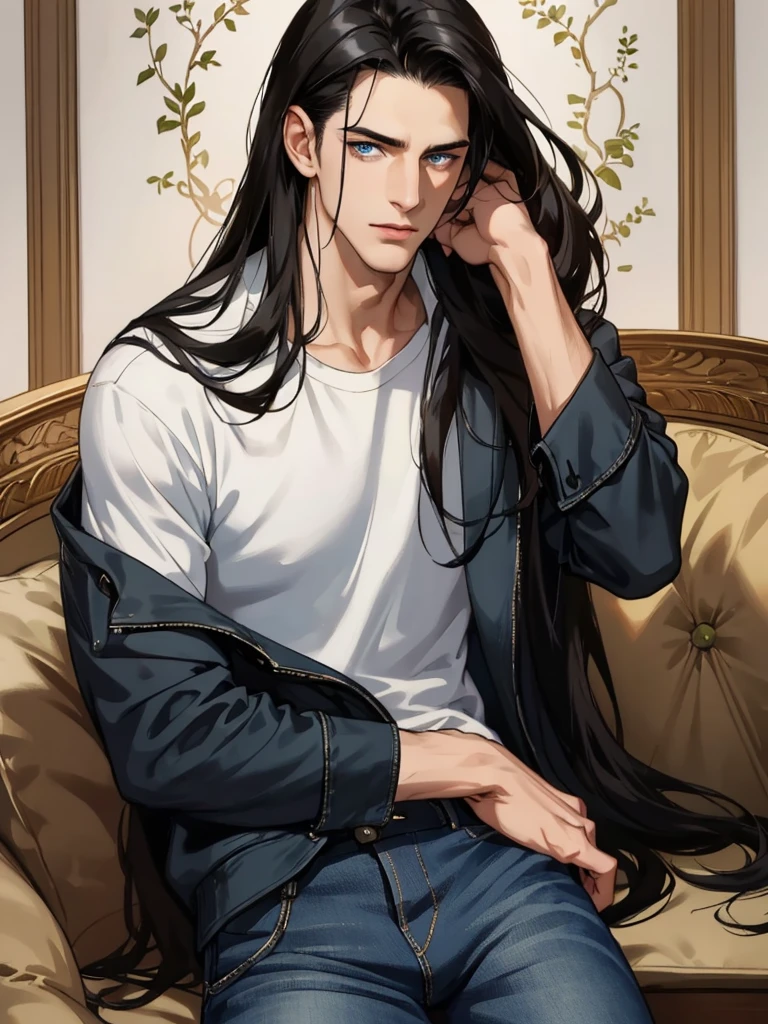 A tall, handsome, masculine young man with a strong build, black-haired brunette, long straight black hair, blue eyes. Low-rise jeans. The podium. Masterpiece, detailed study of the face, beautiful face, beautiful facial features, perfect image, realistic shots, detailed study of faces, full-length image, 8k, detailed image. an extremely detailed illustration, a real masterpiece of the highest quality, with careful drawing.