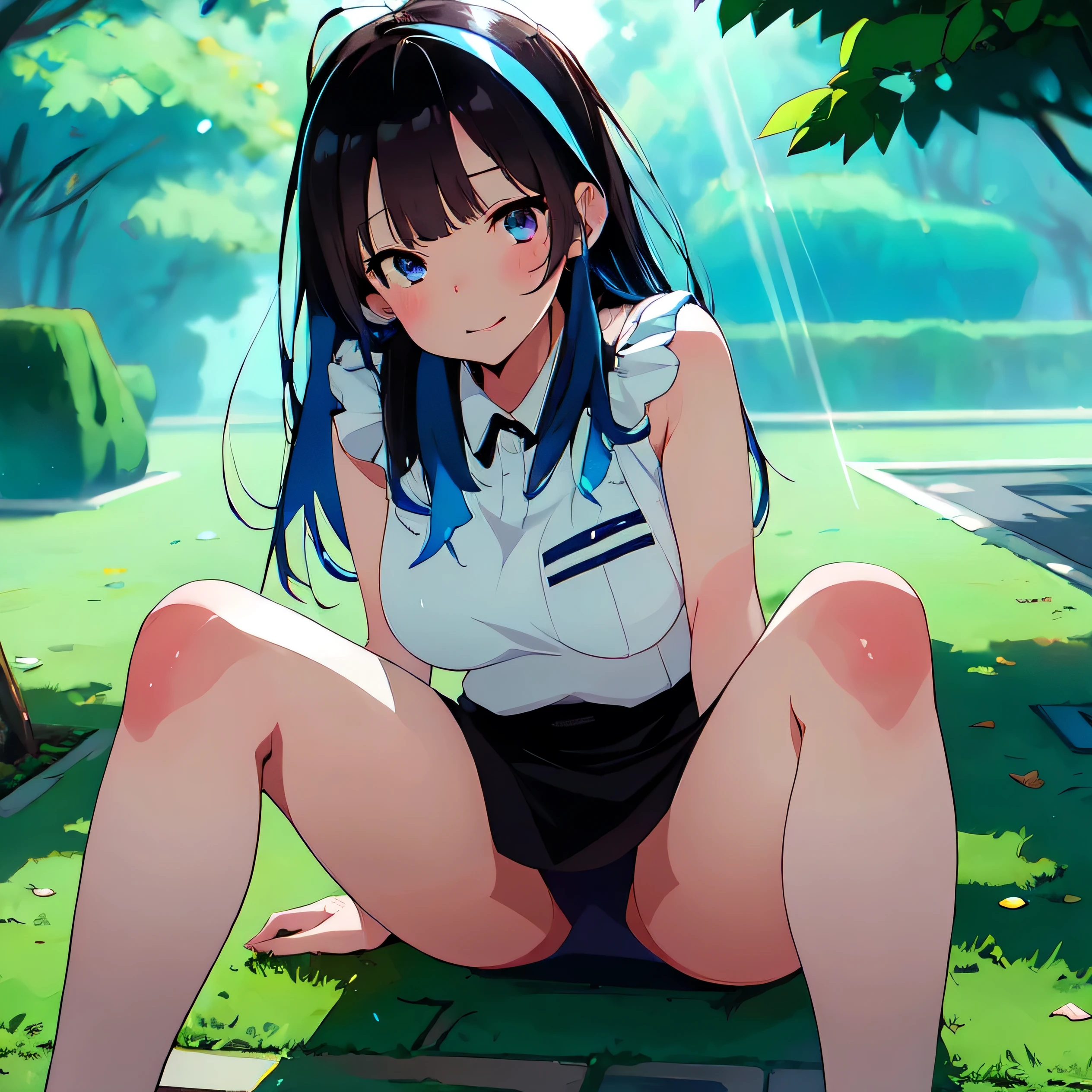 daytime, sunlight, 1 girl, 8K resolution, blue hair, blue eyes, glowing eyes, white short skirt, Blush, Cheongsam costume, cheongsam ,sleeveless shirt, sunlight, Wet from the rain, seethrough, Sit with your knees raised, pussy, Spread your legs slightly, smile, the skirt is lifted up, highest quality, High resolution, highly detailed face, perfect lighting, highest detailed CG, (perfect hands, perfect anatomy), mini yaemori, perfect figure, in love expression, bottomless, armpit, medium breast, glitering skin, lightray,