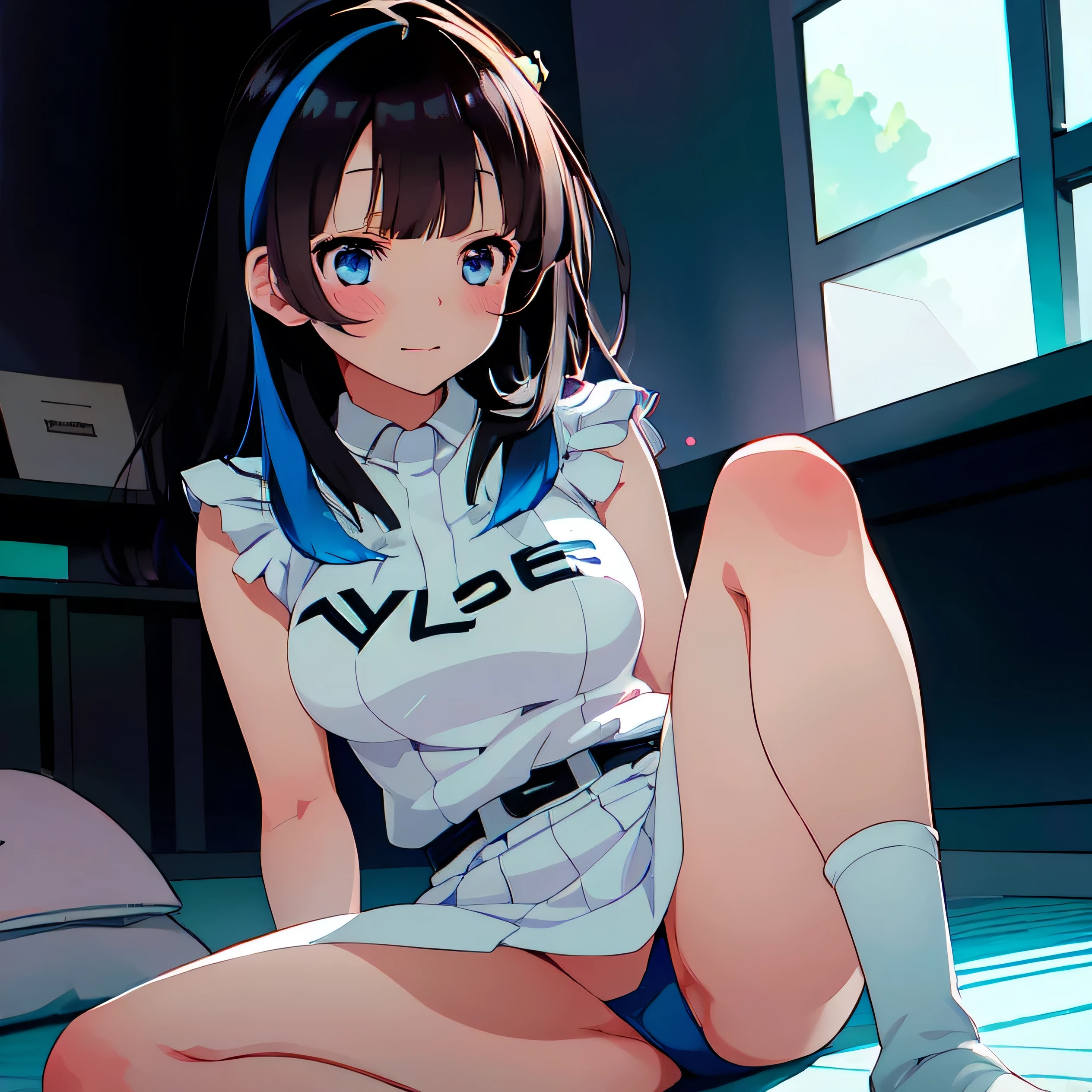 daytime, sunlight, 1 girl, 8K resolution, blue hair, blue eyes, glowing eyes, white short skirt, Blush, Cheongsam costume, cheongsam ,sleeveless shirt, sunlight, Wet from the rain, seethrough, Sit with your knees raised, pussy, Spread your legs slightly, smile, the skirt is lifted up, highest quality, High resolution, highly detailed face, perfect lighting, highest detailed CG, (perfect hands, perfect anatomy), mini yaemori, perfect figure, in love expression, bottomless, armpit, medium breast, glitering skin, lightray,