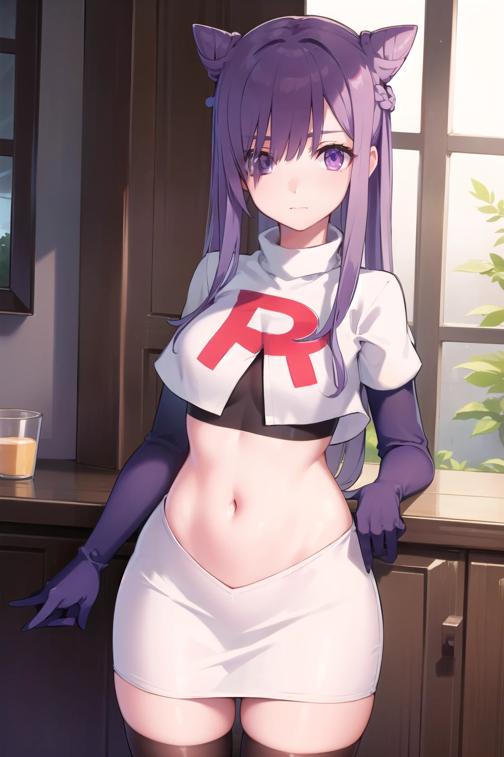 keqing, keqing, long hair, bangs, hair ornament, twintails, (purple eyes:1.1), purple hair, braid, hair bun, double bun, cone hair bun,
BREAK team rocket,team rocket uniform,white skirt,red letter R,crop top,black thigh-highs,black elbow gloves,
BREAK looking at viewer, (cowboy shot:1.5),
BREAK (masterpiece:1.2), best quality, high resolution, unity 8k wallpaper, (illustration:0.8), (beautiful detailed eyes:1.6), extremely detailed face, perfect lighting, extremely detailed CG, (perfect hands, perfect anatomy),