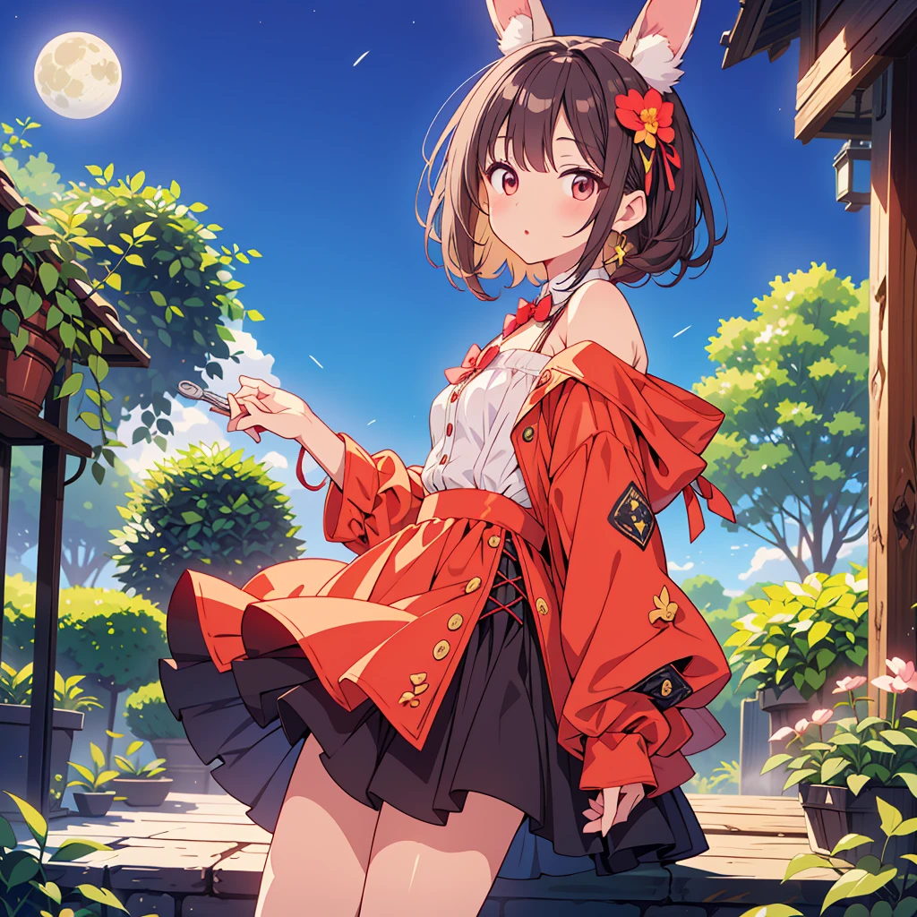 highest quality、Masterpiece、Official Art、16K、Super detailed、super beautiful、The best composition、Miniature garden rabbit ears girl moon background、 Little、★🌙🐇、❤、cute、