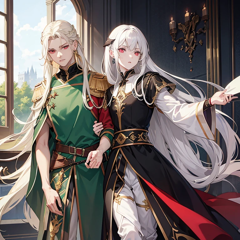 Tall manly man, gray complexion, pale blonde hair, pointed ears, red eyes with green sclera, black antique Renaissance clothing