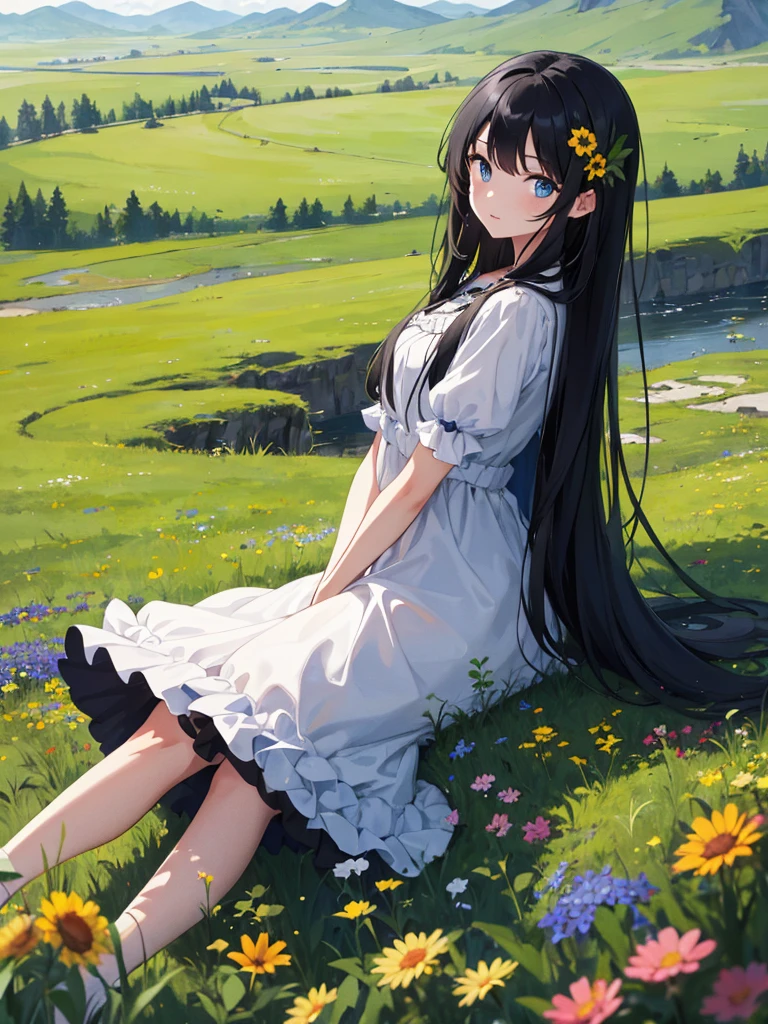 1girl, long black hair, blue eyes, wearing dress, in nature, moutains, grassfield, sky, flowers, floting hair, absurdres, high res, ultrasharp, 8K, masterpiece, looking at viewer
