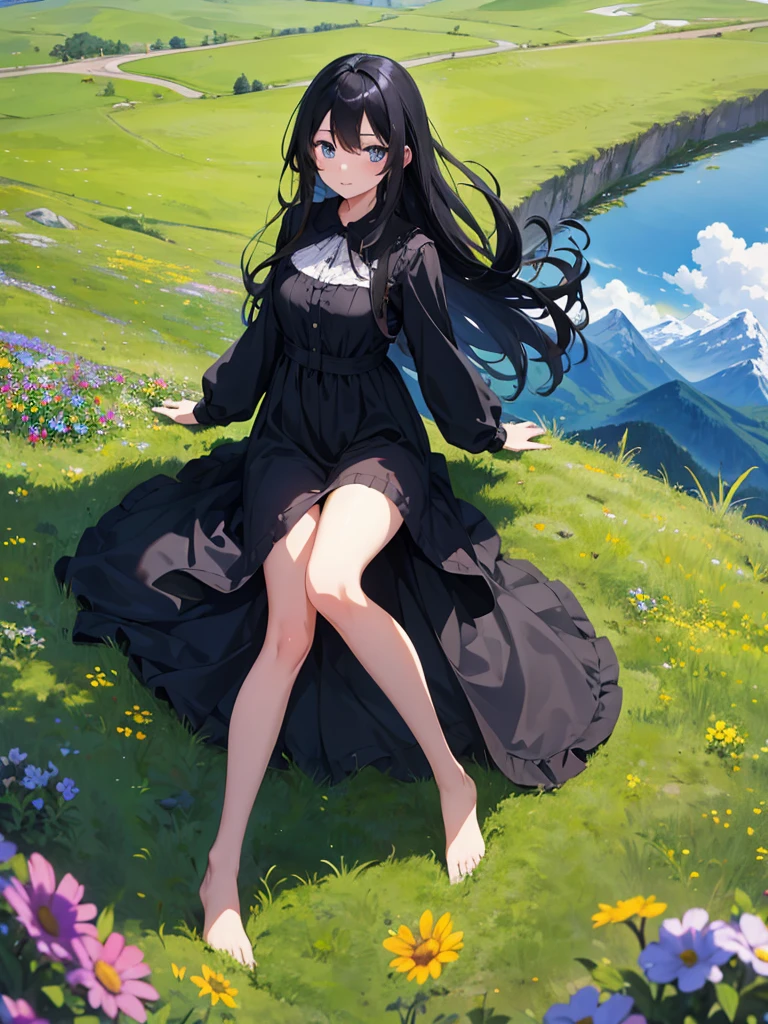 1girl, long black hair, blue eyes, wearing dress, in nature, moutains, grassfield, sky, flowers, floting hair, absurdres, high res, ultrasharp, 8K, masterpiece, looking at viewer