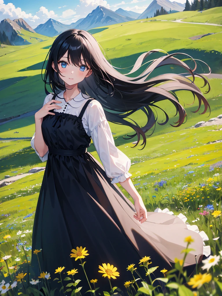 1girl, long black hair, blue eyes, wearing dress, in nature, moutains, grassfield, sky, flowers, floting hair, absurdres, high res, ultrasharp, 8K, masterpiece, looking at viewer
