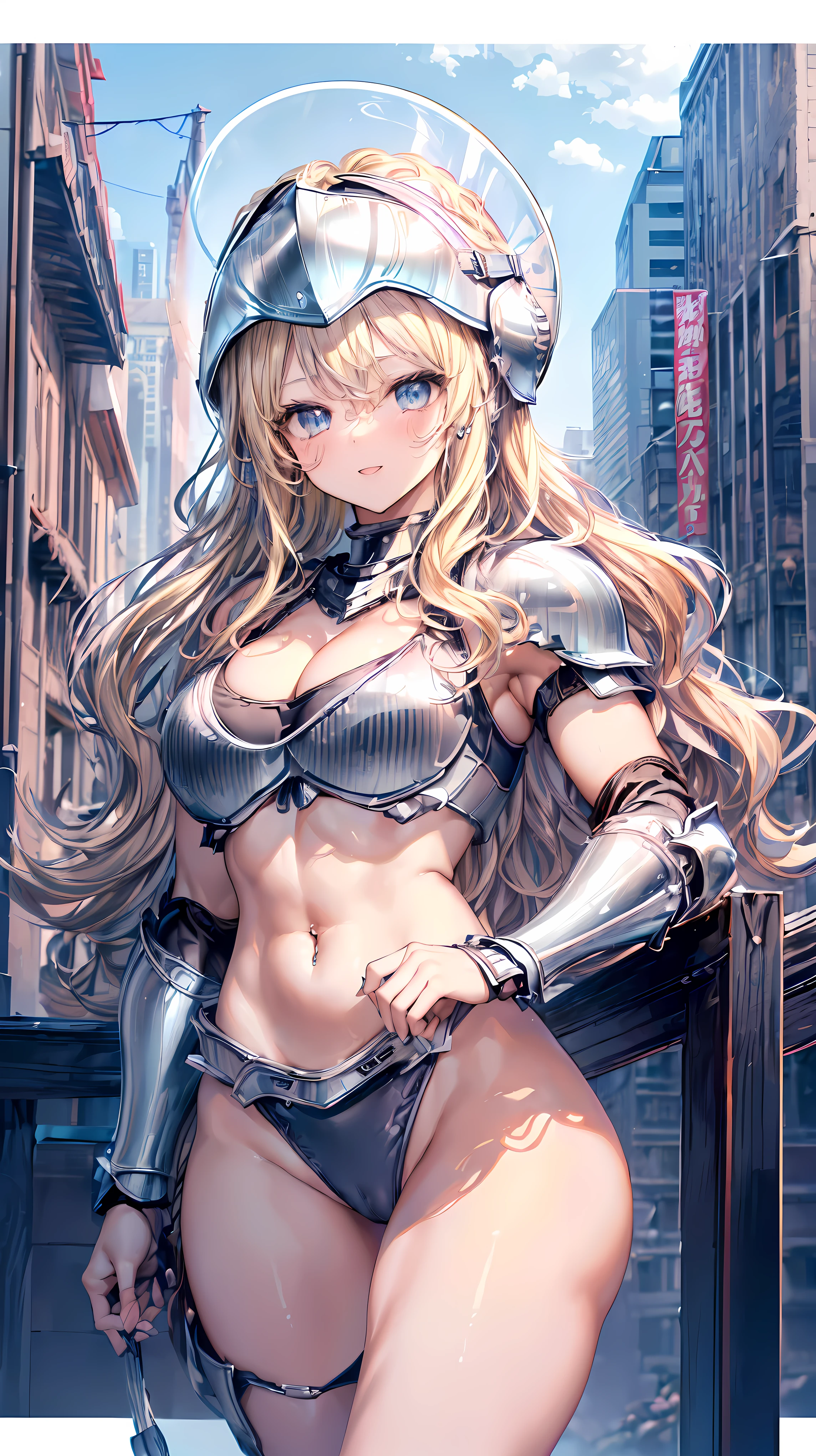 ( women:1.5)、Very detailed、highest quality、Best image quality、masterpiece、8k、Anime Face、A kind smile、Open your mouth、Sparkling blue eyes、(Blonde Wavy Hair:1.5)、、Muscles of the whole body、camisole、Thigh belt、mini skirt、(Wearing platinum bikini armor:1.5)、(Cowboy Shot:1.5)、(Leg armor:1.5)、(Wearing a helmet:1.5)