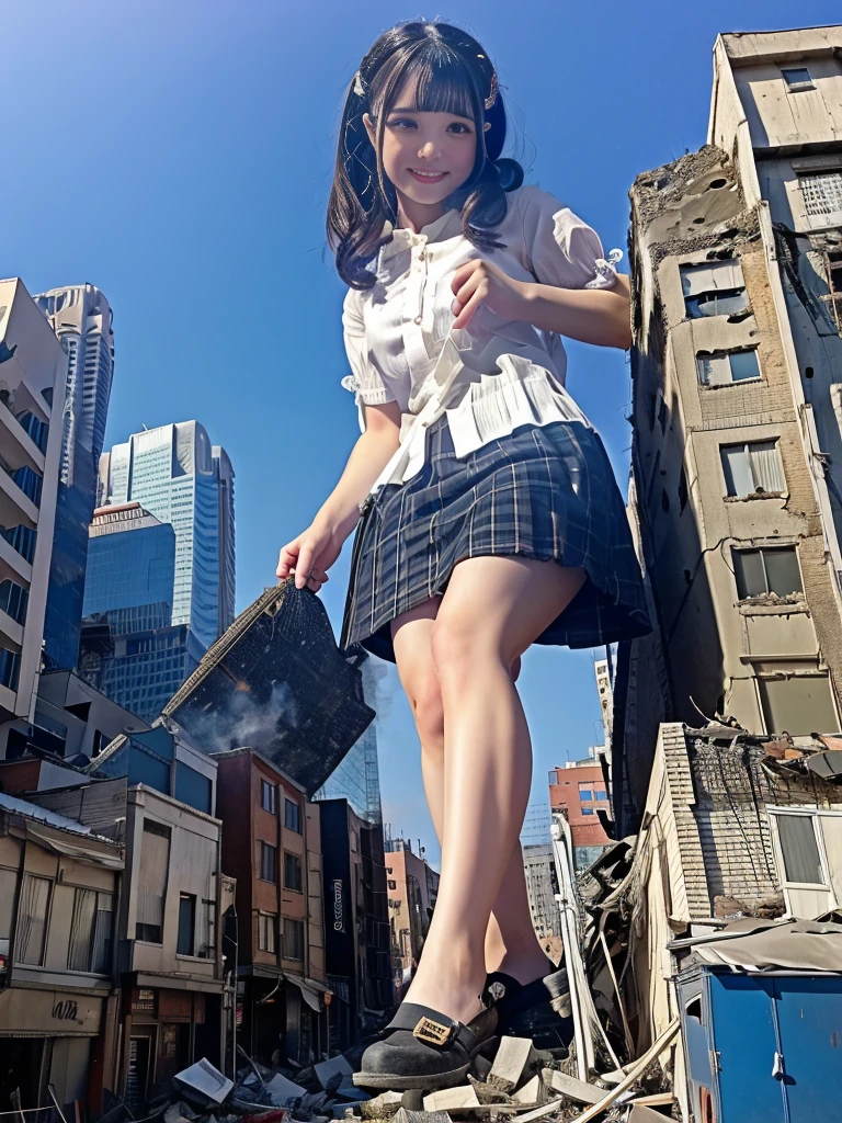 (High resolution、high resolution、High quality、Accurate body structure、Detailed body)Towering、Looming、attack of 800ft woman,Giantess attacks the city、Cute Women、Destroy a small town淫乱な女性、Destroy a small town、Mischievous look、high school girl、White shirt、Checked Skirt、ribbon、Glowing Skin、Giant Woman、smile、Trampling buildings、rubble、Burning small town、Destroyed small buildings、Residents fleeing、sunset、Burning small town、Advance、walk、Trampling、Anatomically correct、Accurate human body、Accurate skeleton、Full body portrait、Bob Hair、Black Hair、Red eyes、足元に散らばるrubble、Taller than a skyscraper、Great impact、Epic、Giantess Elements、Draw a woman in a big way、Increase the destructive element