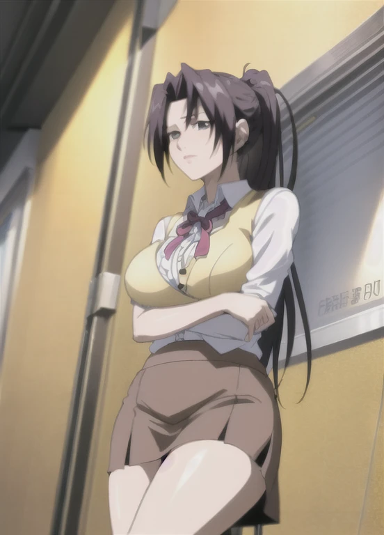 masterpiece, best quality, Super detailed, illustrexistion, warm Lighting, Vibrant colors, 1 Girl,Solitary, long hair, very long hair, , Cross your arms, interesting, sitting, office, office work,, 大breast, [Close-up cleavage]]]]巨大的下垂的breast,cleveage, The chest is more exposed，Thick thighs、

action, Ahog, Bangs, Black_jacket, blue_Eye, breast, Brown_hair, Brown_Vest, Buttons, closure_Mouth, collaRed_shirt, Double-breasted, skirt_shirt, flower, Gloves, hair_between_Eye, hair_flower, hair_Decorations, hair_Exceed_Eye, jacket, Light_particle, long_sleeve, Watching_exist_Viewer, tie, lattice, lattice_skirt, pleexisted_skirt, Ponytail, Red_flower, Red_tie, Red_Rose, Red_skirt, Rose, shirt, skirt, High Leg Raise, Vest, arms, White_shirt, absolute_Liang Kee,

 