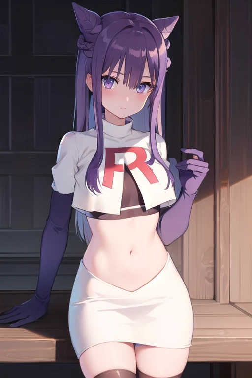 keqing, keqing, long hair, bangs, hair ornament, twintails, (purple eyes:1.1), purple hair, braid, hair bun, double bun, cone hair bun,
BREAK team rocket,team rocket uniform,white skirt,red letter R,crop top,black thigh-highs,black elbow gloves,
BREAK looking at viewer, (cowboy shot:1.5),
BREAK (masterpiece:1.2), best quality, high resolution, unity 8k wallpaper, (illustration:0.8), (beautiful detailed eyes:1.6), extremely detailed face, perfect lighting, extremely detailed CG, (perfect hands, perfect anatomy),