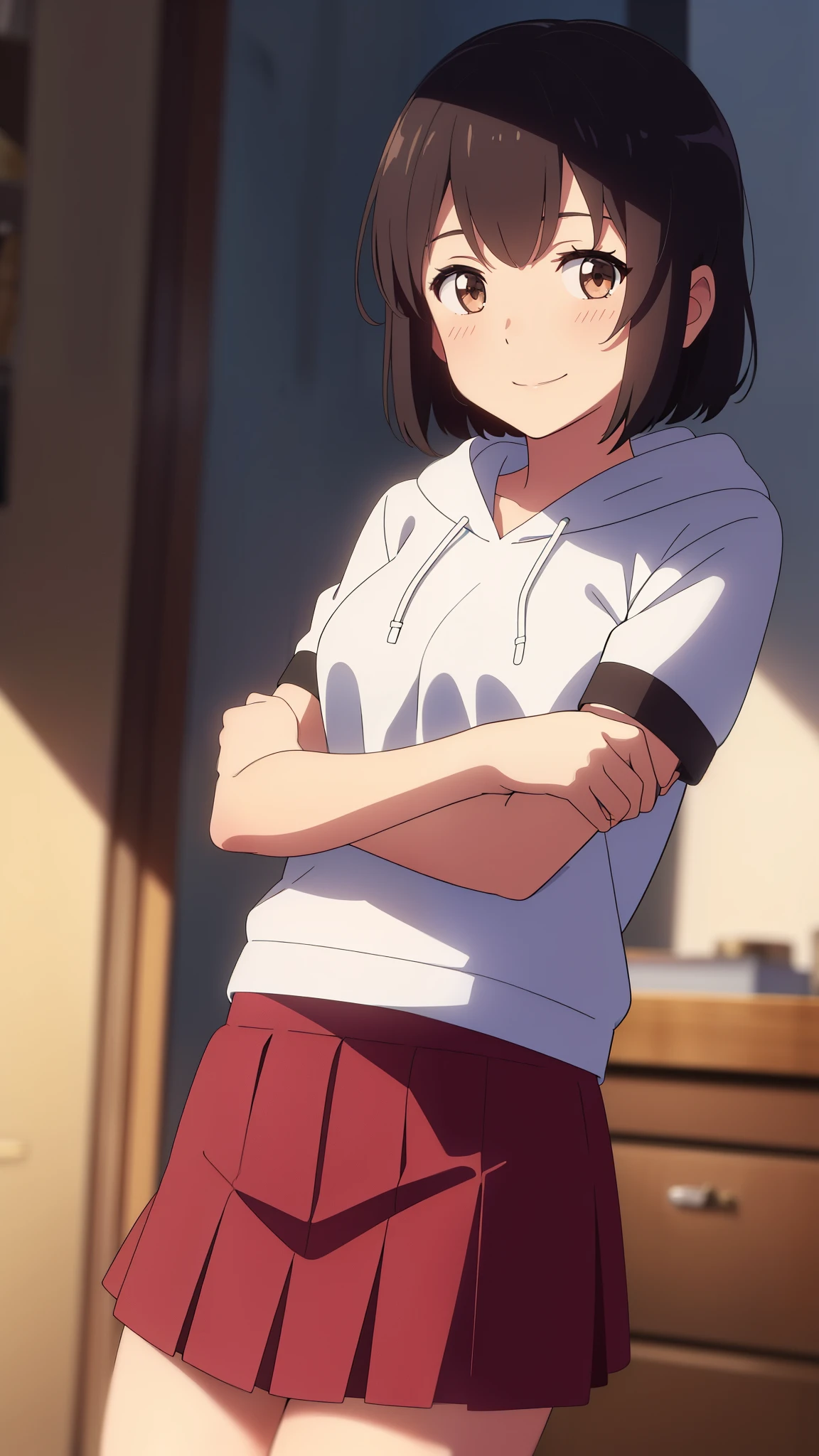 (masterpiece, best quality, high quality, highres, ultra-detailed), shinkai makoto, kimi no na wa., 1girl, bangs, black hair, short hair, blush, bright eyes, brown eyes, shinny skin, red headband, red ribbon, white hood, white hoodie, blue skirt, medium breasts, solo, cute, smile, looking at the viewer, white background