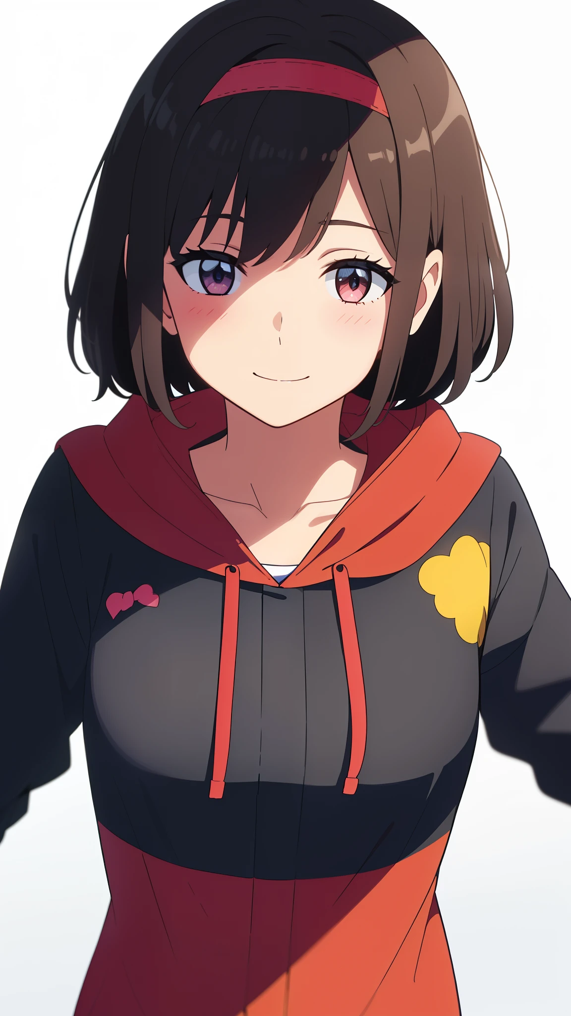 (masterpiece, best quality, high quality, highres, ultra-detailed), shinkai makoto, kimi no na wa., 1girl, bangs, black hair, short hair, blush, bright eyes, brown eyes, shinny skin, red headband, red ribbon, hood, hoodie, medium breasts, solo, cute, smile, looking at the viewer, white background