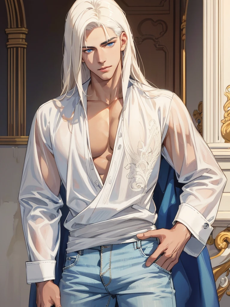 A tall, handsome, masculine young man of athletic build, platinum blond, tanned skin, long straight platinum hair, blue eyes, beautiful body relief. Low-rise jeans. The podium. Masterpiece, detailed study of the face, beautiful face, beautiful facial features, perfect image, realistic shots, detailed study of faces, full-length image, 8k, detailed image. an extremely detailed illustration, a real masterpiece of the highest quality, with careful drawing.