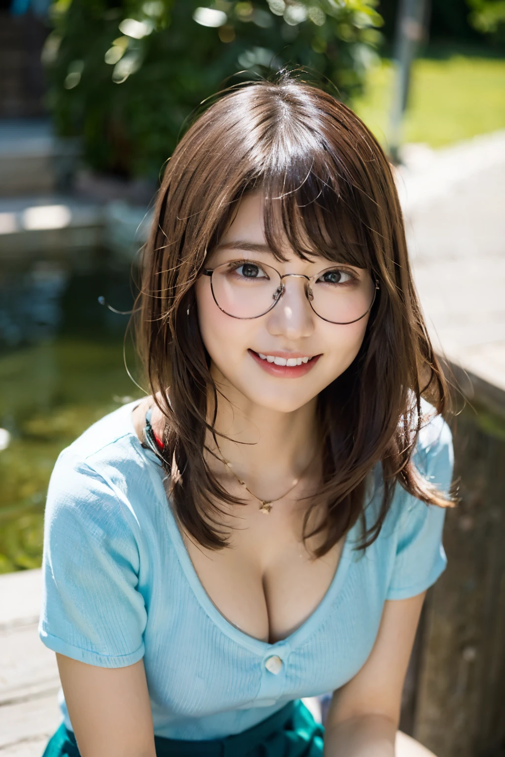 1 girl、A smile with a little visible teeth、Above the waist Cleavage Glasses By the pond Charm Pastel colored shirts