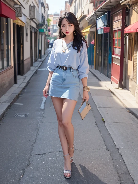 pretty girl: Asia, super cute;
Age: from 18-20 years old;
Body shape: plump, graceful, youthful;
accessories: ruby necklace, ruby earrings, studs;
Fashion style: high-end women, Modern 2024, luxury;
Image quality: non-NSFW, 8K CG HD, high resolution, Super beautiful graphics, professional, detailed, colorful, super smooth, advanced techniques, true RAW;
Girl standing and posing on a beautiful street, ((full body photo, from head to toe)) bright sunlight shining on her body highlighting the girl's edges, blue sky.