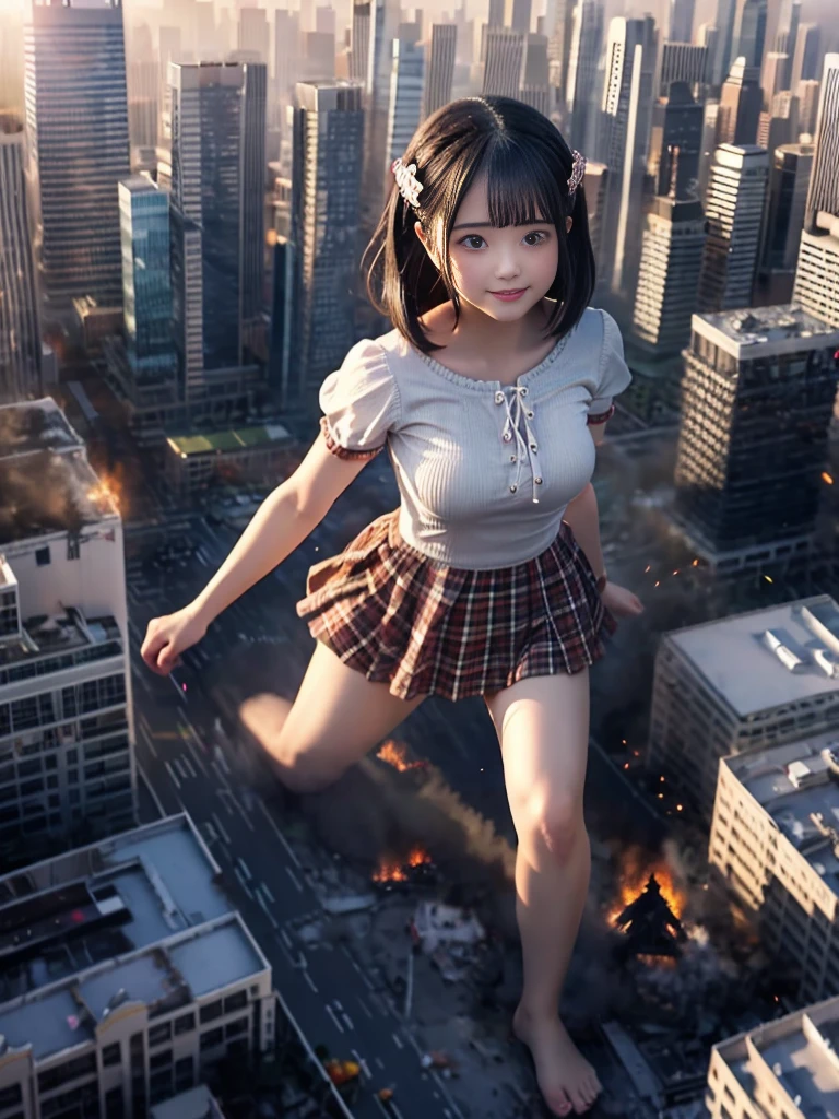 Analog illustration style ((((((A girl in a huge swimsuit is kicking a skyscraper on the street in a city destroyed by an earthquake))))))) ((A destroyed city engulfed in flames) )) ((Fire)) ((Destroyed building)) ((Destroyed car)) ((Pile of rubble)) 90's Giant ((Cloudy sky)) Full body of a huge female girl Destroyed skyscrapers, destroyed cars, crowds Unreal Engine, cleavage, cleavage, earrings, long hair, 1980s (style)