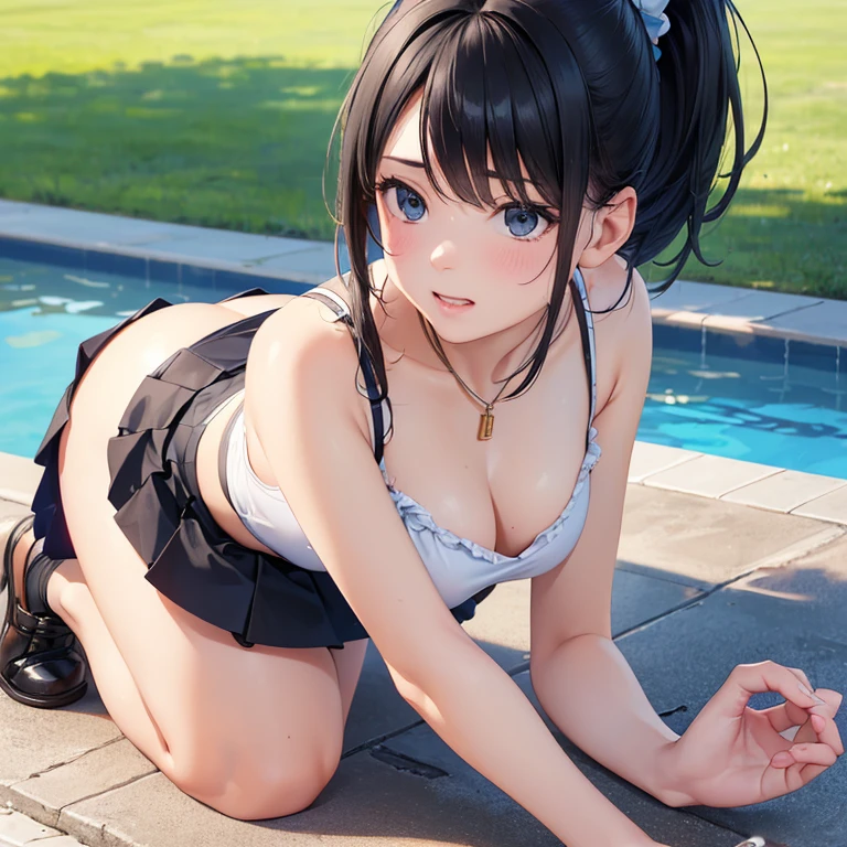 (best quality,4k,8k,highres,masterpiece:1.2),ultra-detailed,(realistic,photorealistic,photo-realistic:1.37),ponytail,black hair,high school girl,mini skirt,poolside, all fours,sideways angle,sunlight,bright colored clothes,slightly exposed necklin, White camisole、Blue pread your legs