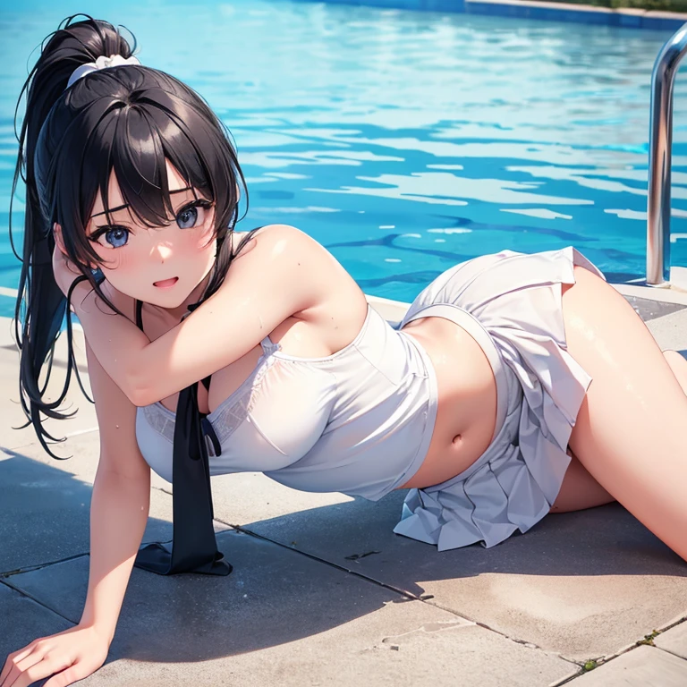 (best quality,4k,8k,highres,masterpiece:1.2),ultra-detailed,(realistic,photorealistic,photo-realistic:1.37),ponytail,black hair,high school girl,mini skirt,poolside, all fours,sideways angle,sunlight,bright colored clothes,slightly exposed necklin, White camisole、Blue pread your legs