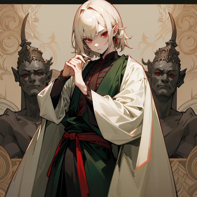 Tall manly man, gray complexion, pale blonde hair, pointed ears, red eyes with green sclera, black antique Renaissance clothing
