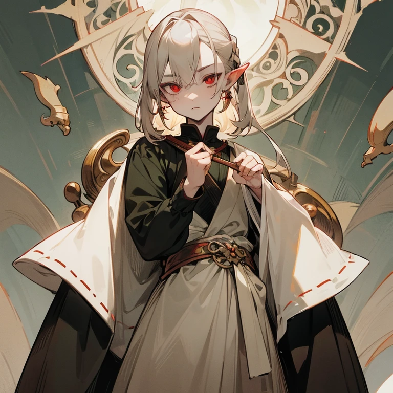 Tall manly man, gray complexion, pale blonde hair, pointed ears, red eyes with green sclera, black antique Renaissance clothing