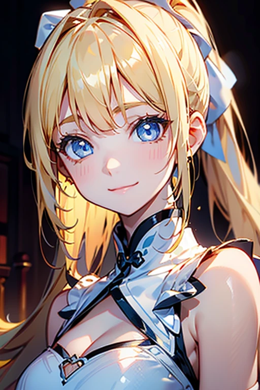 Portrait、、Bright expression、ponytail、Young, shiny, white, glossy skin、Gloss Face、Shining Cheek Gloss、Small Face Beauty、The best beauty、The dazzling light of blonde hair、Bright blonde hair with dazzling highlights、Very beautiful shiny light blonde hair、super long silky straight hair、Her shiny, beautiful bangs are covering her eyes.、Sparkling, clear, attractive, bright, large, pale blue eyes、Very big eyes、eyeliner、very beautiful lovely cute 16 year old girl、Ample Bust, full body , smile , (((white China dress))), background Chinese situation