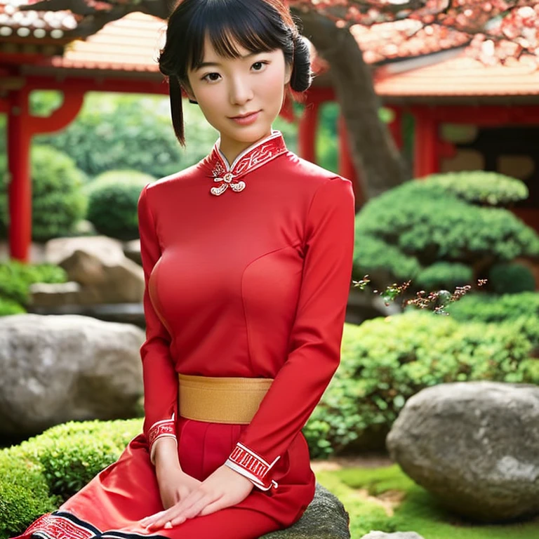 A traditional red form-fitting cheongsam、A young Japanese woman with a very good figure and good posture、She has a refined and calm look.。Her hair is elegantly tied、A traditional Japanese garden spreads out in the background..。This scene is in photorealistic style.、Expressing color detail and vibrancy。