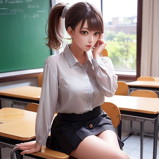 ((highest quality)), ((masterpiece)), (detailed), Perfect Face, uniform, Button-up blouse, skirt, (Grey Eyes), Brown Hair, ponytail, Sitting, classroom.