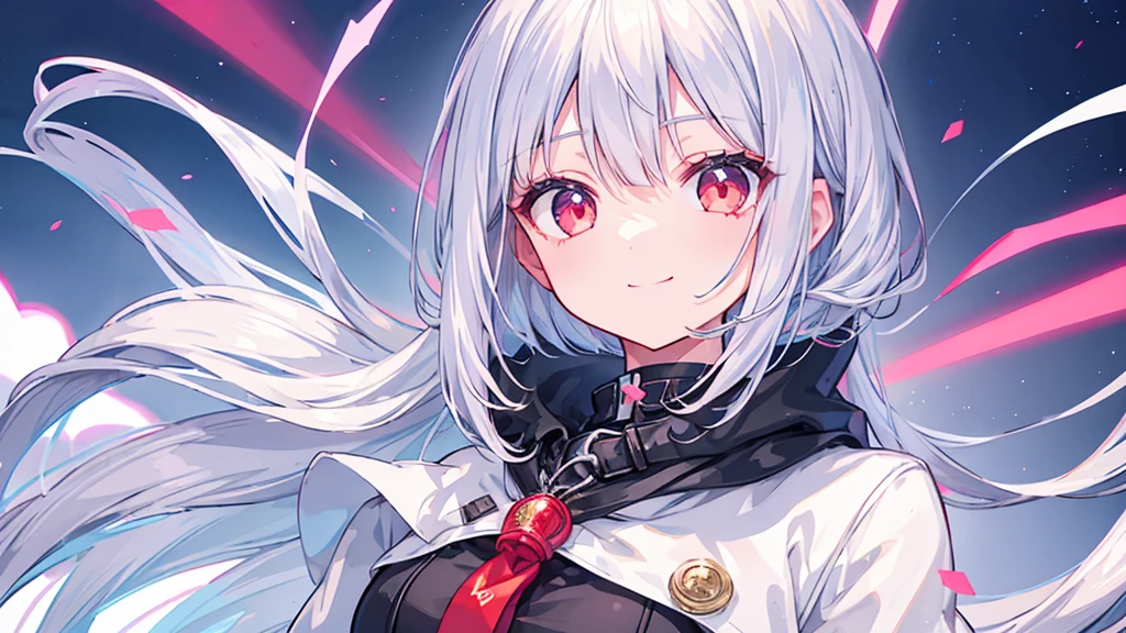 one girl、Silver hair color、medium bob hairstyle、red eyes、cool、Looking towards me and smiling