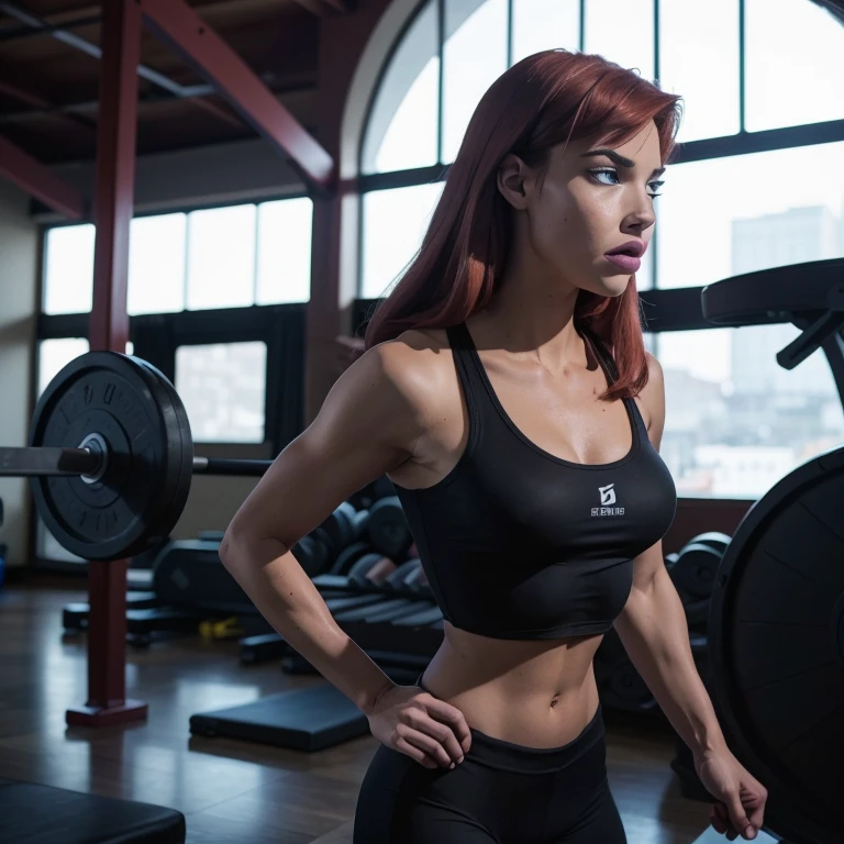 She's a young, 18 years old, beautiful, slender woman with short, vibrant red hair and bright blue eyes, dressed in fitted gym attire. Confident and determined, she exudes assurance with a strong posture and a self-assured expression. Her domain is the gym, where her infectious energy shines, whether as an athlete or a dedicated instructor.red wet wavy long hair, fit body , huge breasts, gym sportswear black and gold, crystal blue eyes , yellow barsymbol on her sportswear 