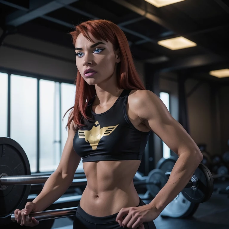 She's a young, 18 years old, beautiful, slender woman with short, vibrant red hair and bright blue eyes, dressed in fitted gym attire. Confident and determined, she exudes assurance with a strong posture and a self-assured expression. Her domain is the gym, where her infectious energy shines, whether as an athlete or a dedicated instructor.red wet wavy long hair, fit body , huge breasts, gym sportswear black and gold, crystal blue eyes , yellow barsymbol on her sportswear 