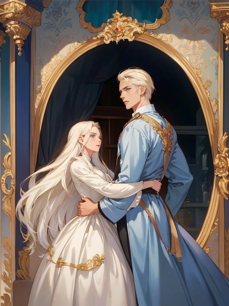A tall, handsome, courageous, athletic young man, platinum blonde, with tanned skin, blue eyes, long straight platinum hair, in the image of the hero of the film "Gone with the Wind", he hugs an incredibly beautiful young blonde with long golden hair, blue eyes, in the image of the heroine of the film "Gone with the Wind". They are in love with each other. Masterpiece, perfect image, realistic pictures, detailed study of faces, full-length image, 8k, detailed image. an extremely detailed illustration, a real masterpiece of the highest quality, with careful drawing.