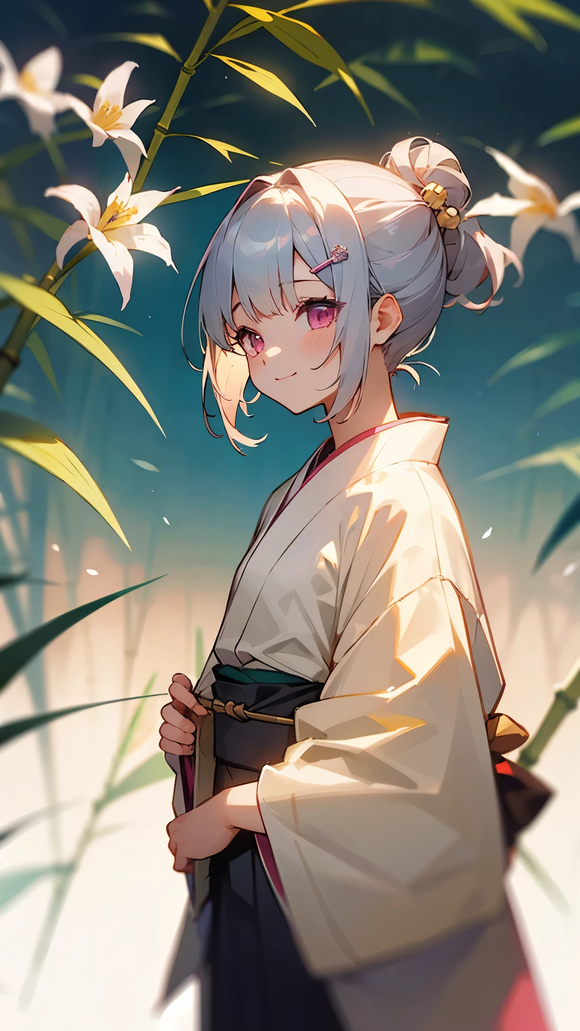 ((Tabletop、highest quality))、One Girl、Silver and bob short hairstyle、Tie your hair up with a hair clip、Pink Eyes、smile、Blurred Background、斑点模様のsunlight、flower、From the side、髪のflower、hair ornaments、kimono、Bamboo leaf、Bamboo Leaves、Outdoor、 alone、sunlight、Upper Body