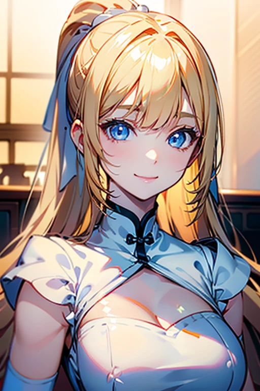 Portrait、、Bright expression、ponytail、Young, shiny, white, glossy skin、Gloss Face、Shining Cheek Gloss、Small Face Beauty、The best beauty、The dazzling light of blonde hair、Bright blonde hair with dazzling highlights、Very beautiful shiny light blonde hair、super long silky straight hair、Her shiny, beautiful bangs are covering her eyes.、Sparkling, clear, attractive, bright, large, pale blue eyes、Very big eyes、eyeliner、very beautiful lovely cute 16 year old girl、Ample Bust, full body , smile , (((white China dress))), background Chinese situation , car ear