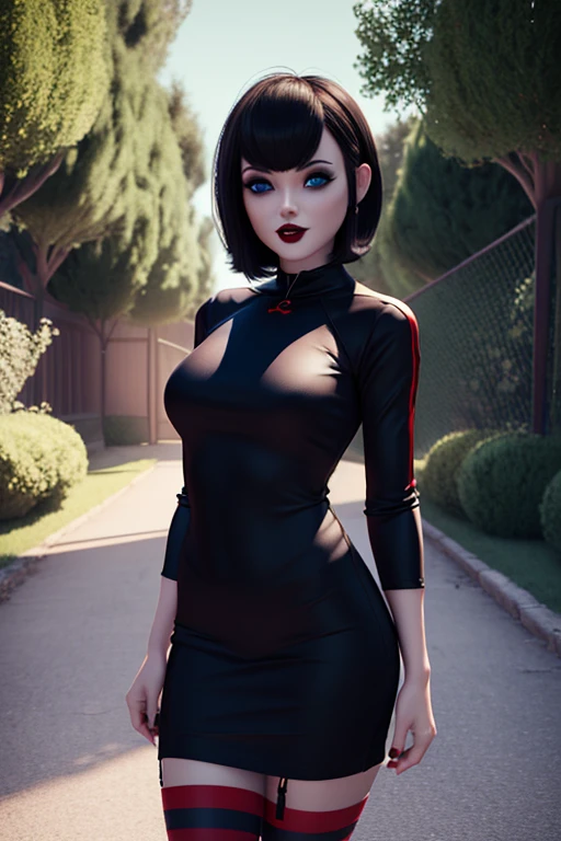 mavis dracula vampire cute girl, blue eyes ,short hair whit bangs, style bob, makeup gothic red lipstick, full body portrait drees black, black dress with sleeves, fitted to the body, thigh-high stockings with red stripes and red vans tennis shoes, Cinematic fantasy landscape, 3D, stunning environment