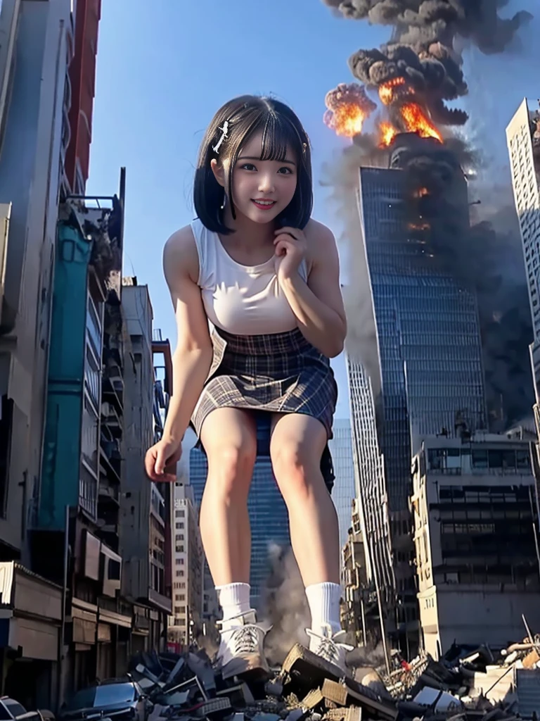 (High resolution、high resolution、High quality、Accurate body structure、Detailed body)Towering、Looming、attack of 800ft woman,Giantess attacks the city、Cute Women、Destroy a small town淫乱な女性、Destroy a small town、Mischievous look、high school girl、White shirt、Checked Skirt、ribbon、Glowing Skin、Giant Woman、smile、Trampling buildings、rubble、Burning small town、Destroyed small buildings、Residents fleeing、sunset、Burning small town、Advance、walk、Trampling、Anatomically correct、Accurate human body、Accurate skeleton、Full body portrait、Bob Hair、Black Hair、Red eyes、足元に散らばるrubble、Taller than a skyscraper、Great impact、Epic、Giantess Elements、Draw a woman in a big way、Increase the destructive element、Zoom in
