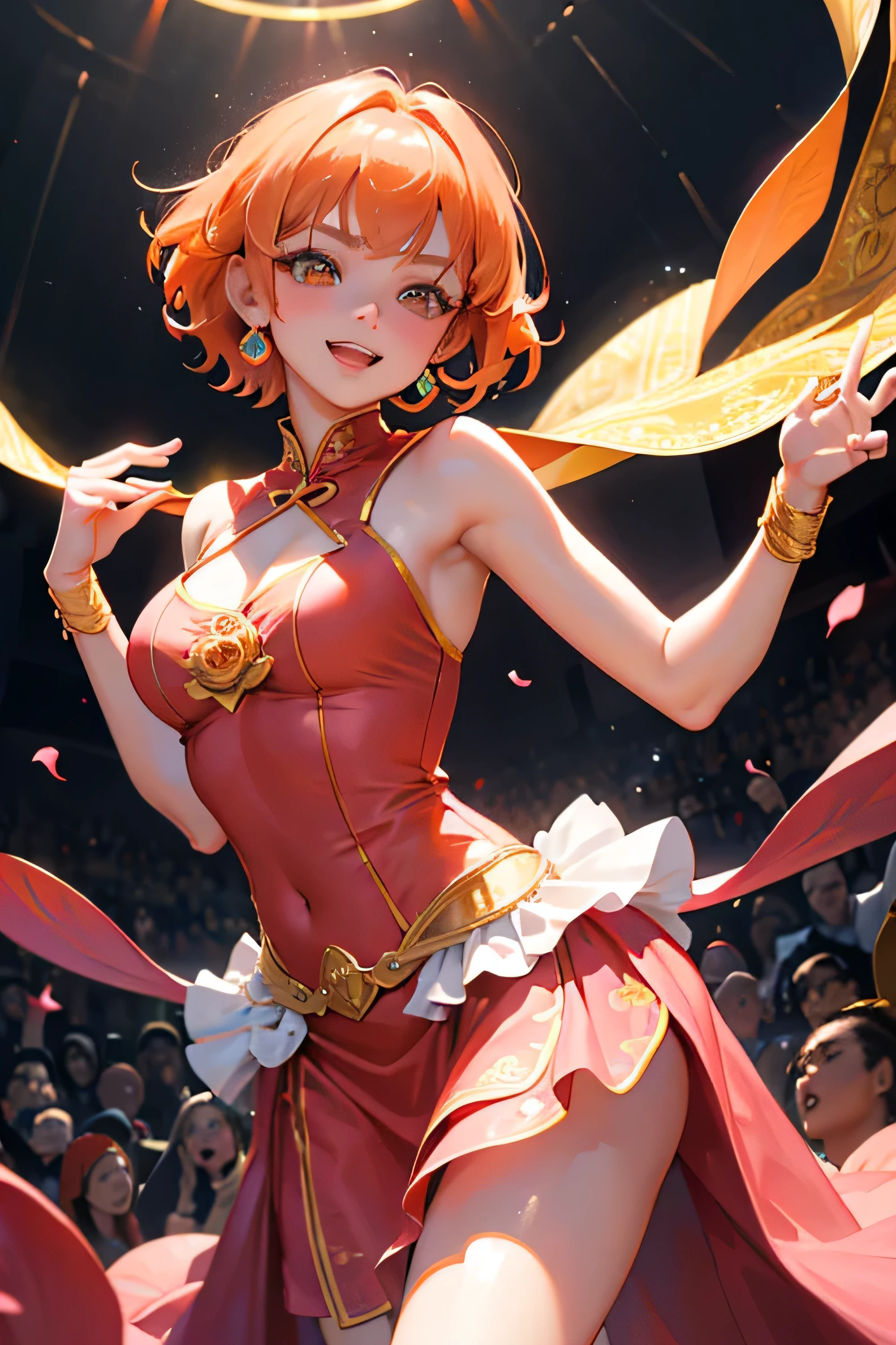 masterpiece, highest quality, so beautiful、up to date、girl, Orange Hair, short hair, Golden Eyes, Olga,tooth, A defiant smile, Asian fantasy rose pink costume、Bollywood、Bold Pose、Hands open、dance、ado、Sing、Rose pink outfit